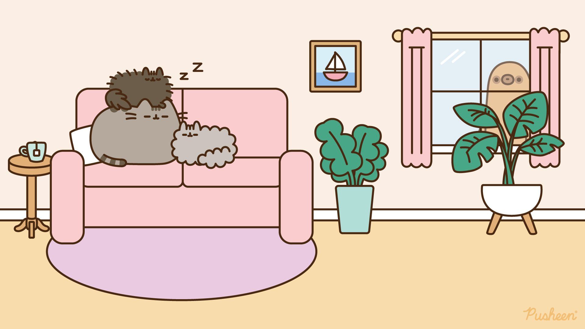 1920x1080 Cozy Pusheen & Sloth on Living Room Couch