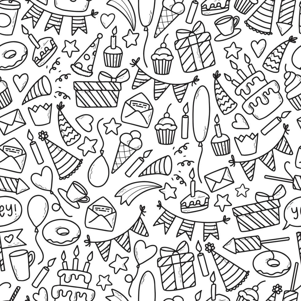 980x980 monochrome birthday pattern with cute hand drawn doodles. Perfect for prints, wrapping paper, wallpaper, background, coloring pages, textile, scrapbooking, etc. EPS 10