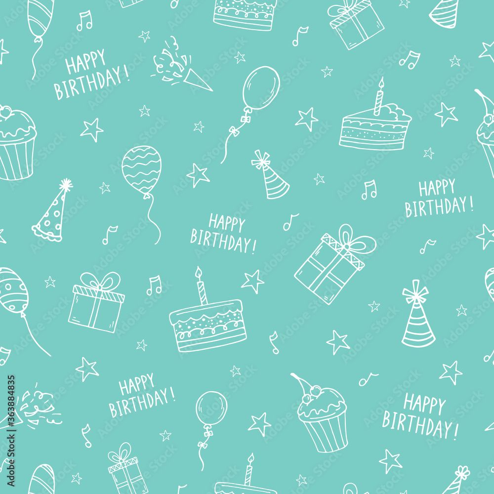 1000x1000 Hand Drawn Seamless Pattern With Birthday Elements. Celebratory Background. Vector Illustration. Doodle Happy Birthday Pattern. Design For Wrapping Paper, Cover, Card, Textiles, Wallpaper. Stock Vektor