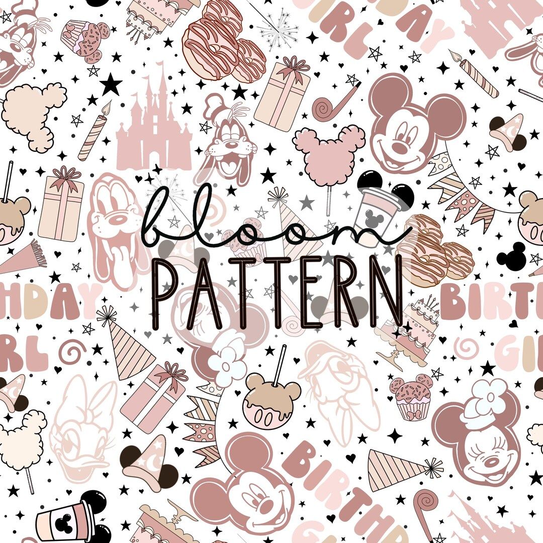 1080x1080 Magical Mouse Birthday Girl Seamless Pattern, Retro Pink (JPEG)