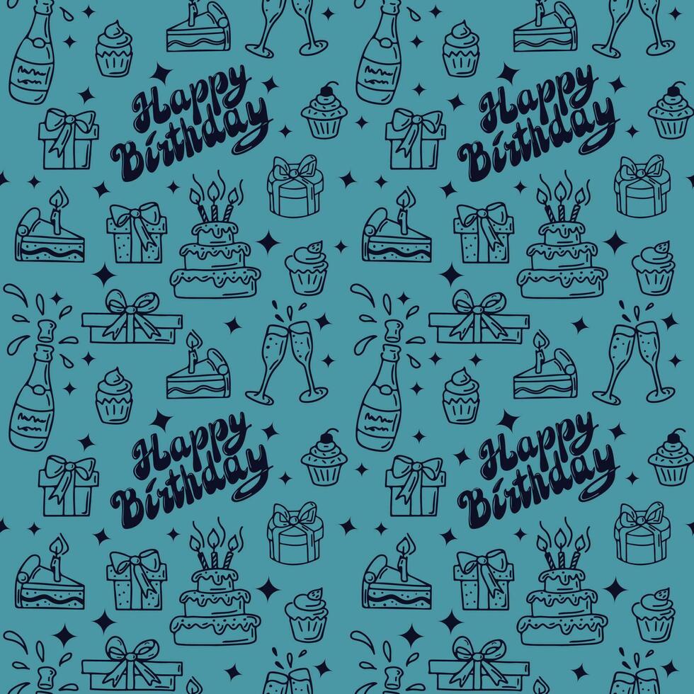 980x980 Birthday hand drawn cartoon seamless pattern on blue background. Retro outline doodle elements for birthday party. Perfect for background, print, wallpaper, cover, wrapping, textile, scrapbooking