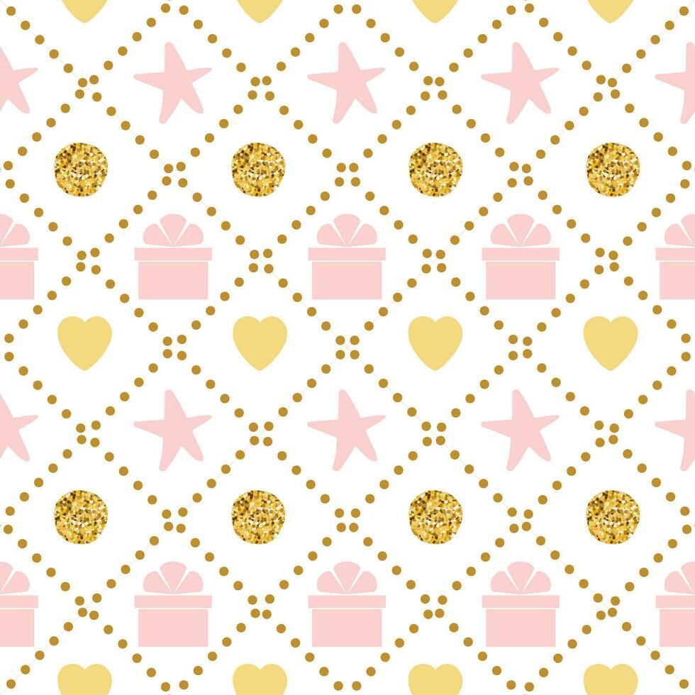 980x980 Holiday background seamless happy birthday pattern with gift box gentle pink golden colors. Vector illustration. Fabric or textile design for baby or girl cloth. Wallpaper wrap cover, wraping, package 25686429 Vector Art