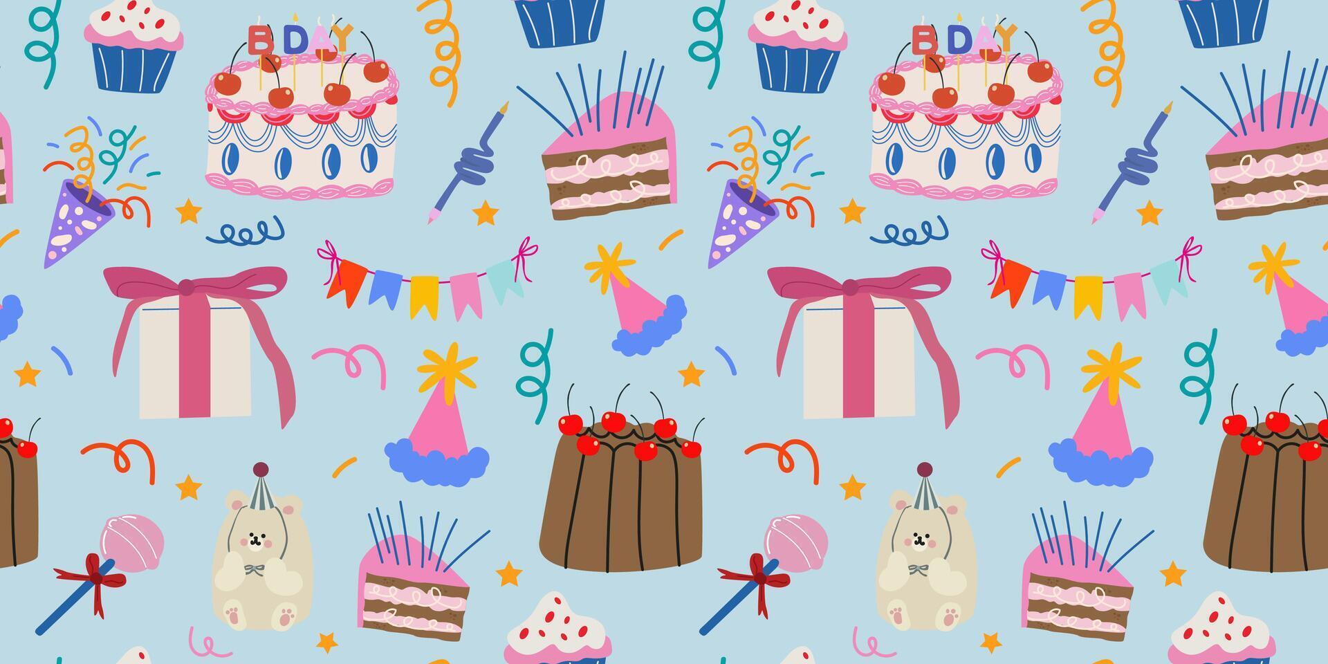 1920x960 Happy Birthday seamless pattern for fabric, wrapping paper, wallpaper, textile print. Vintage cakes, cupcakes, gifts, candles, confetti. Birthday background in cartoon retro style