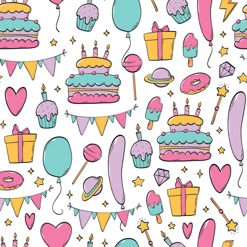 980x980 Birthday seamless pattern with doodles on white background for textile prints, table cloth, wallpaper, wrapping paper, scrapbooking, stationary, gift wrap, etc. EPS 10