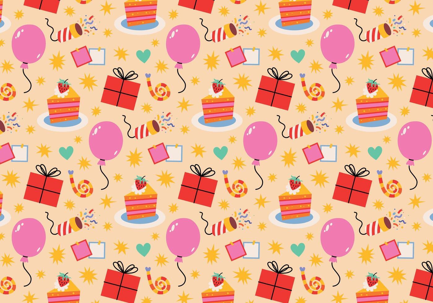 1400x980 Seamless Birthday pattern. Party print with festive gift boxes, candles, cakes on plate, toots, petards, hearts, stars on yellow background. Wrapping paper decor for holidays. Making party paper. 76313970 Vector Art