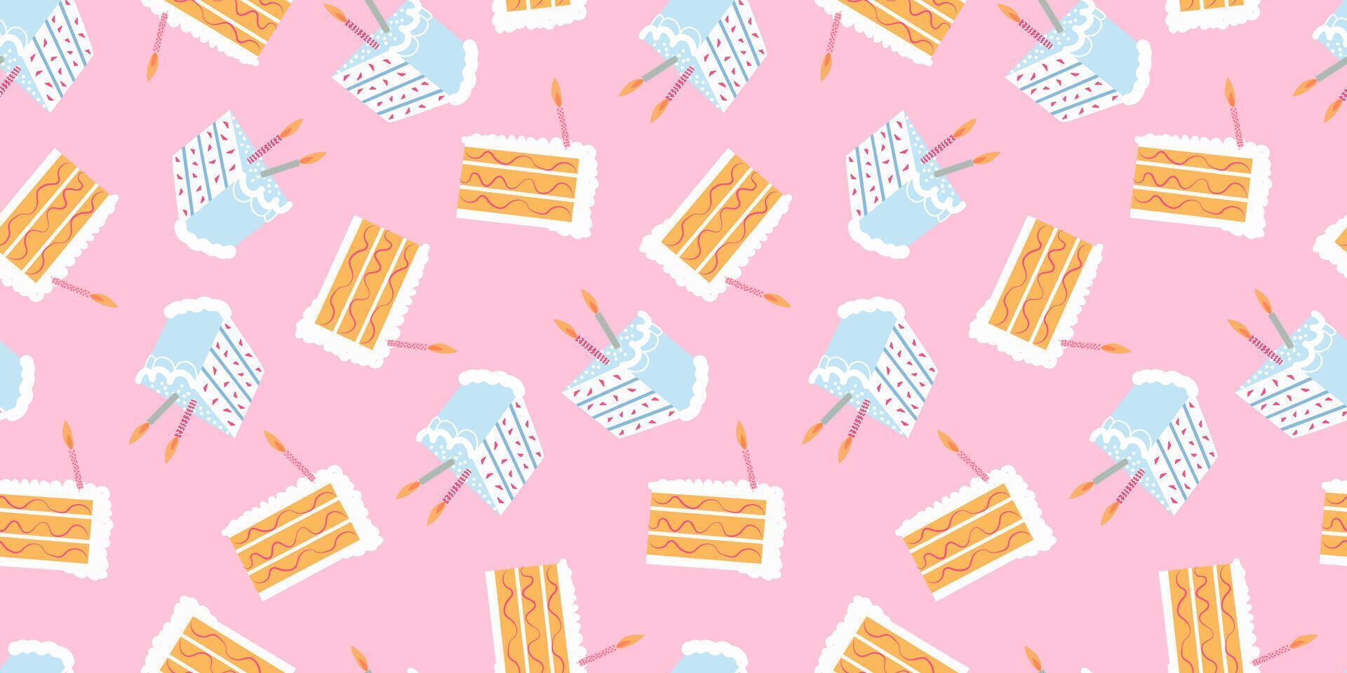 1920x960 Lovely birthday pattern design with pieces of cakes on pink background. Festive artistic cover. Poster, business card, invitation, flyer, banner, email header, menu, wrapping paper, wallpaper