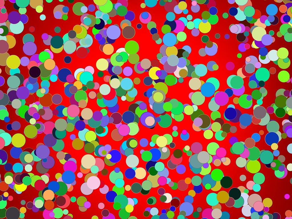 1024x768 A red background with a lot of multicolored circles