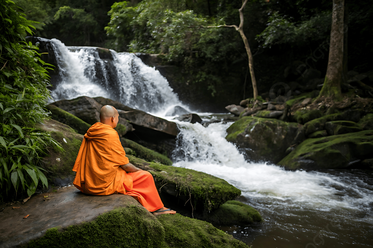 1200x800 Buddhist Monk Meditating Near Waterfall In Serene Natural Setting, Buddhist Monk, Meditation, Waterfall Background Image And Wallpaper for Free Download