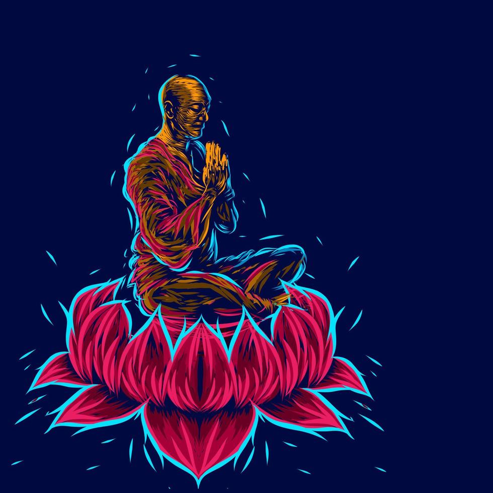 980x980 shaolin monk meditation on the lotus flower line pop art potrait colorful design with dark background