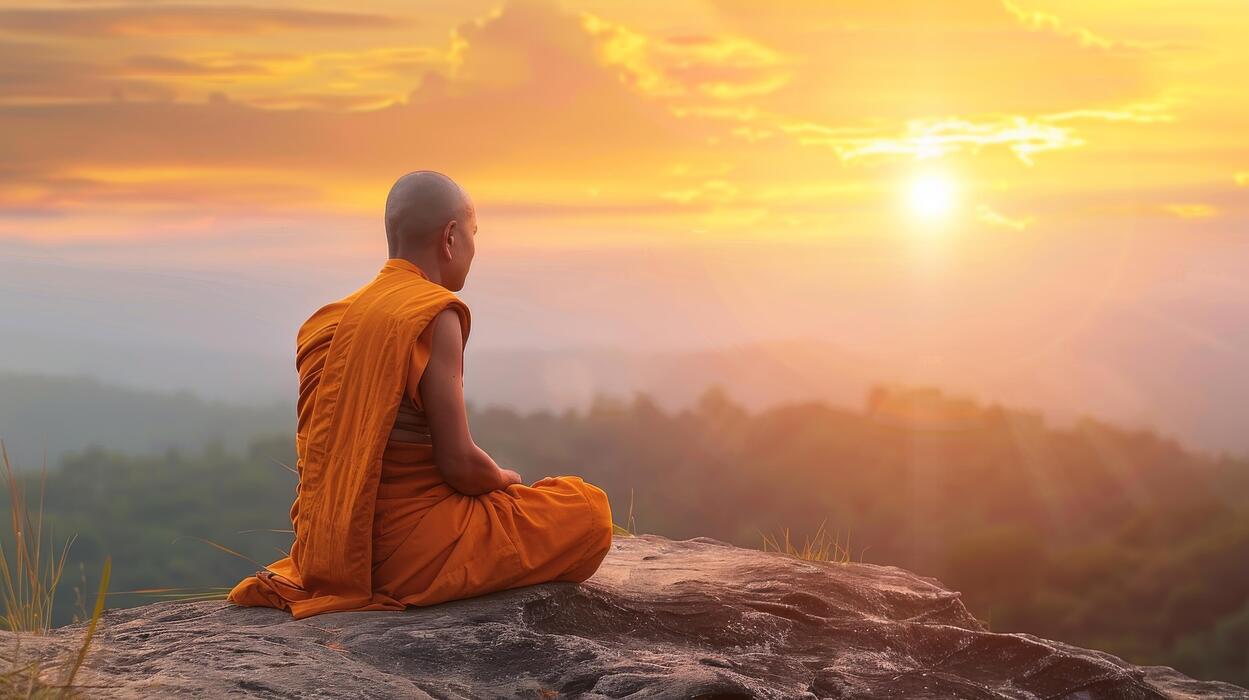 1249x700 Thai buddhist monk meditating on a mountain at sunrise. Spiritual contemplation with breathtaking landscape. Concept of Buddhism, prayer, and spiritual enlightenment at dusk