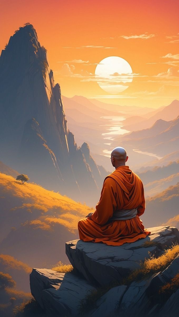 679x1200 Painting of a monk sitting on a rock overlooking a mountain
