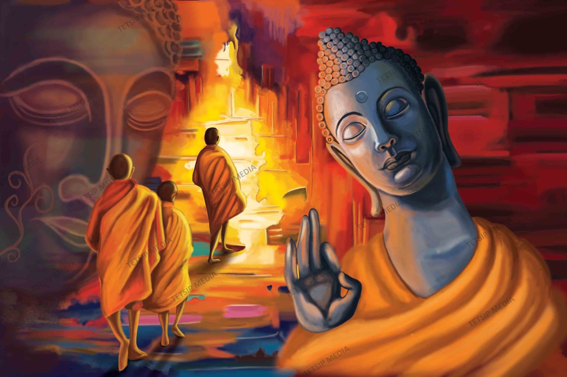 1946x1297 Buddha and Monks Spiritual Mural Wallpaper, Crimson Gold Harmony