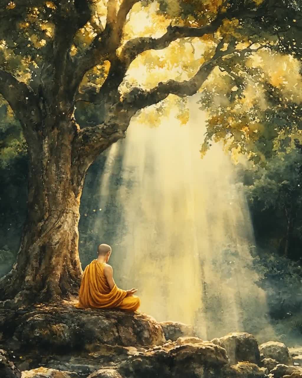 1024x1280 Meditating Monk Art Print, Peaceful Bodhi Tree Scene
