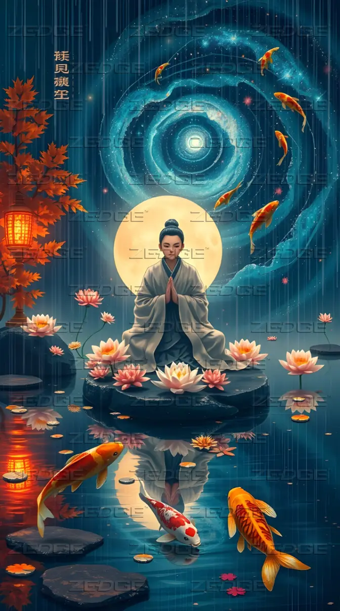 672x1206 Anime monk meditating with koi, lotus, galaxy wallpaper