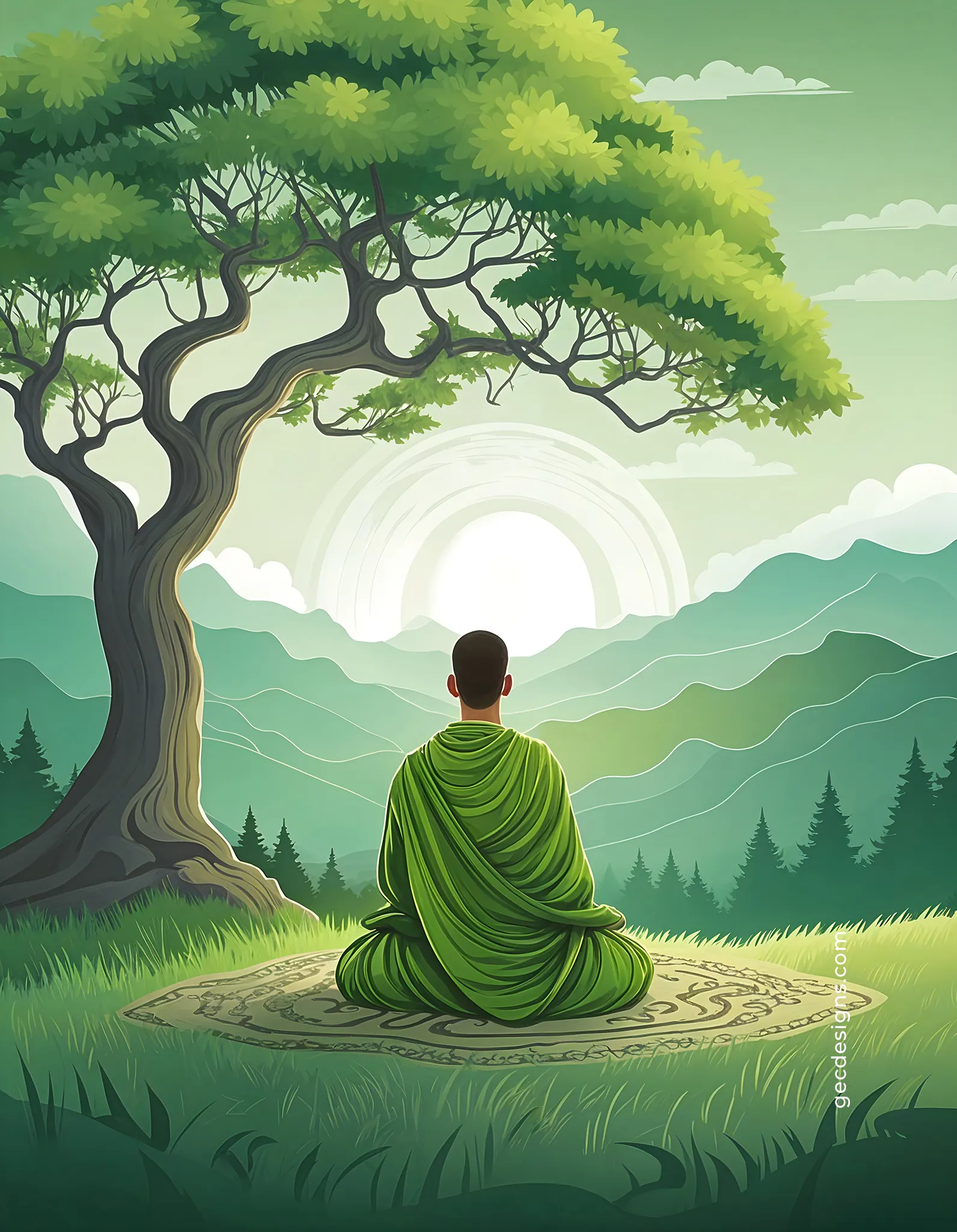 1592x2048 A Monk meditates under a tree with a beautiful fantasy natural background: Free & Premium Creative Assets