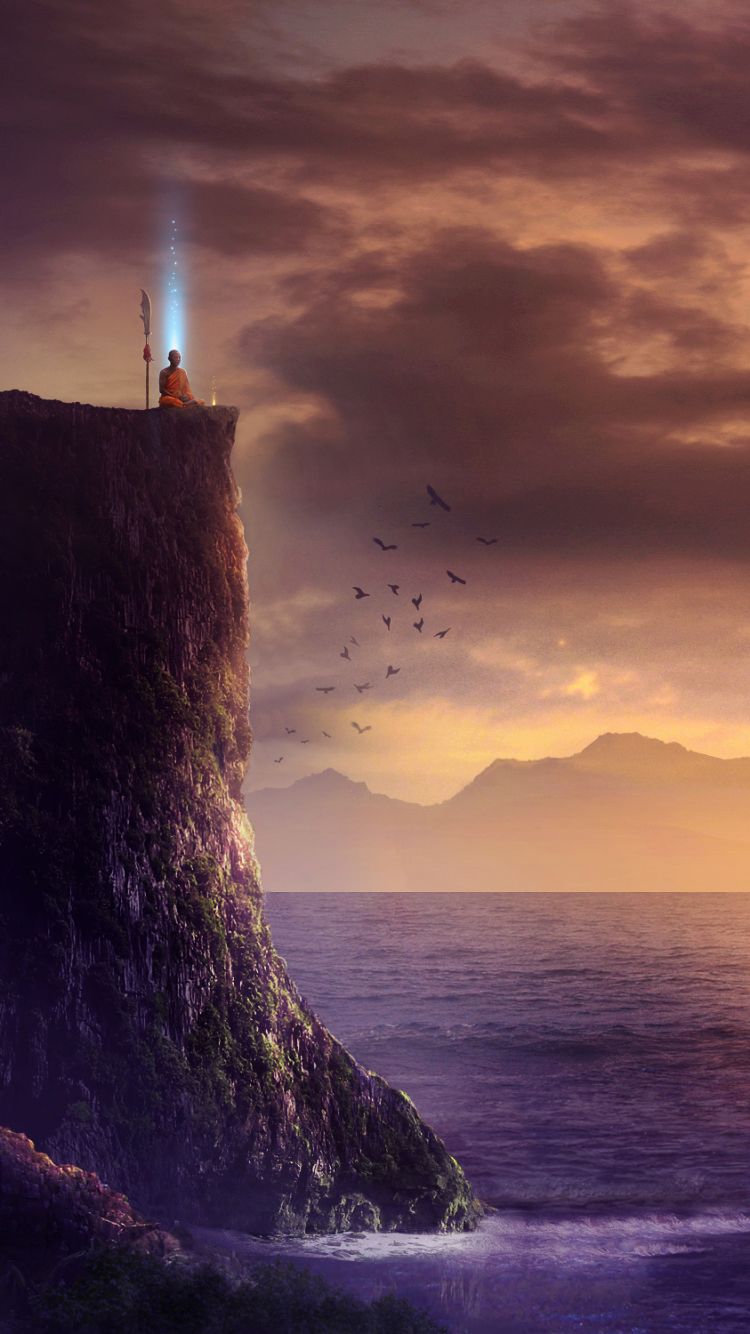 750x1334 Phone wallpaper: Meditation, Monk, Sea, Fantasy, Landscape, Sunset 1314984