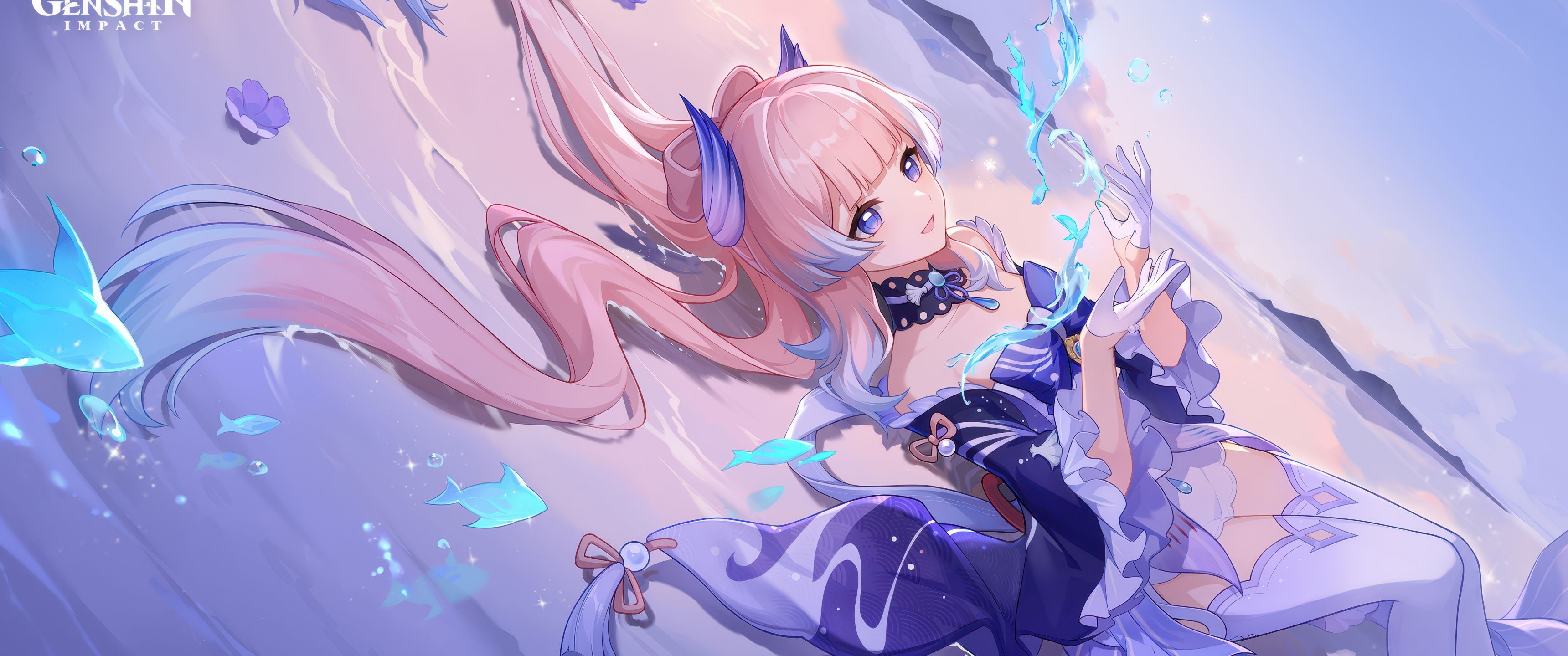 3440x1440 Sangonomiya Kokomi Wallpaper 4K, Purple aesthetic, Genshin Impact
