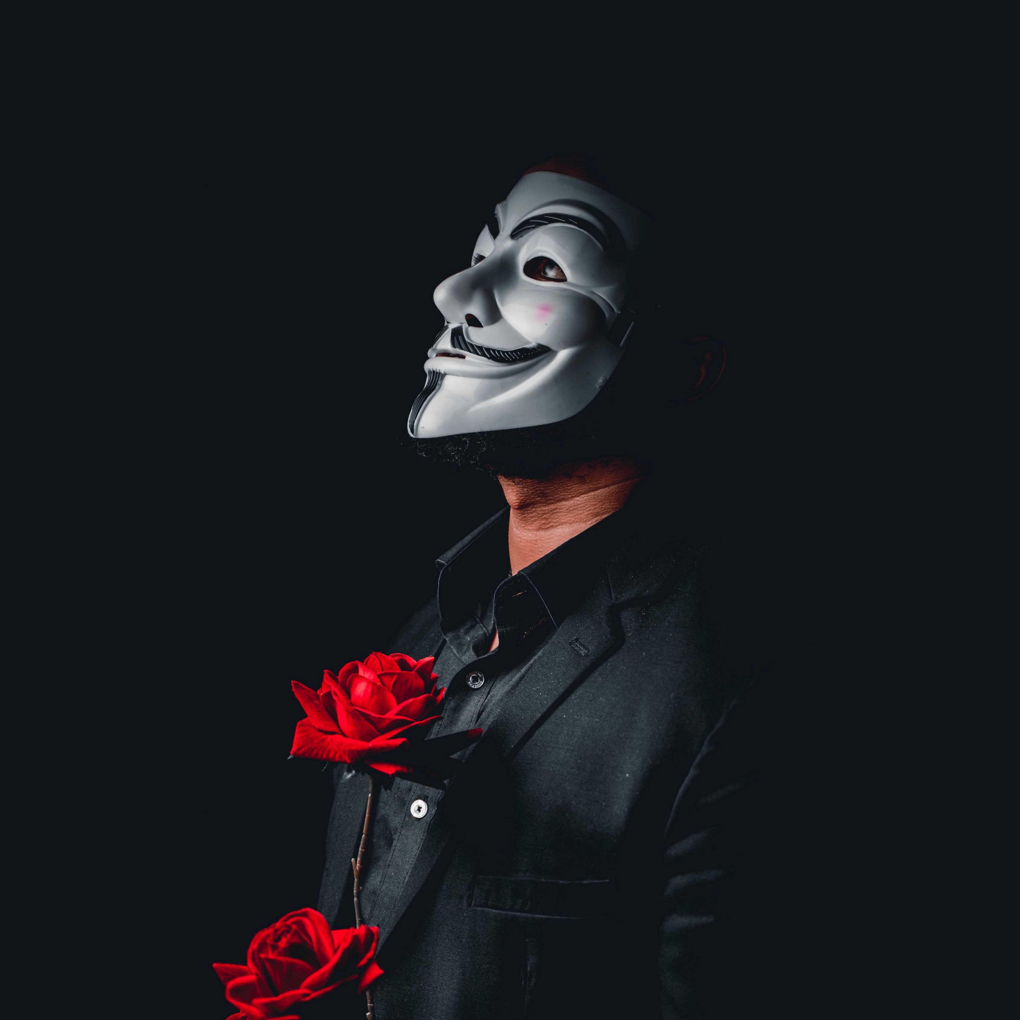 3415x3415 Download wallpaper 3415x3415 anonymous, mask, roses, flowers, dark ipad pro 12.9 retina for parallax HD background