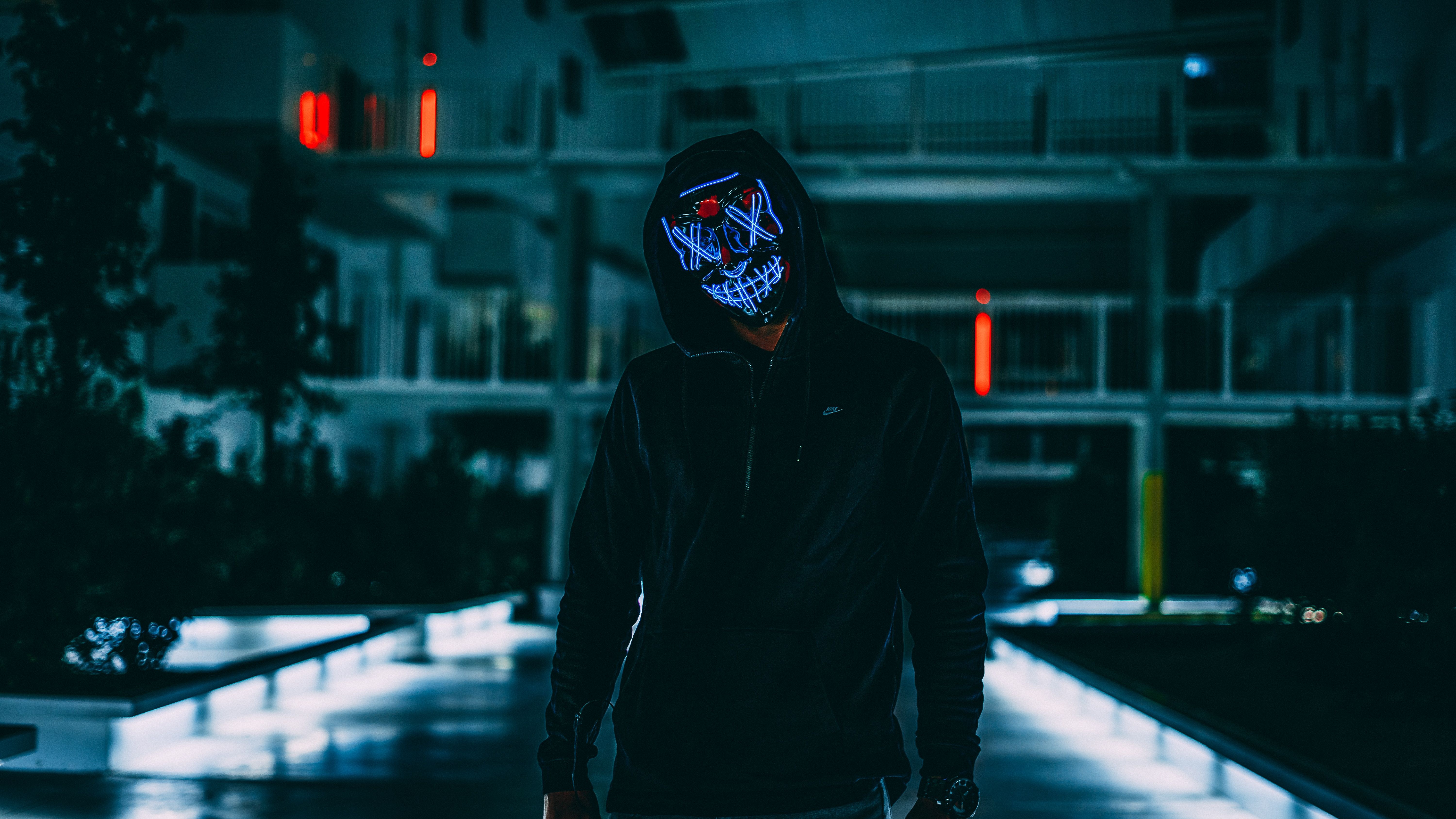 6000x3376 Desktop wallpaper: Anonymous, Dark, Darkness, Neon, Glow, Mask, Hood 4K free download for PC. 151829