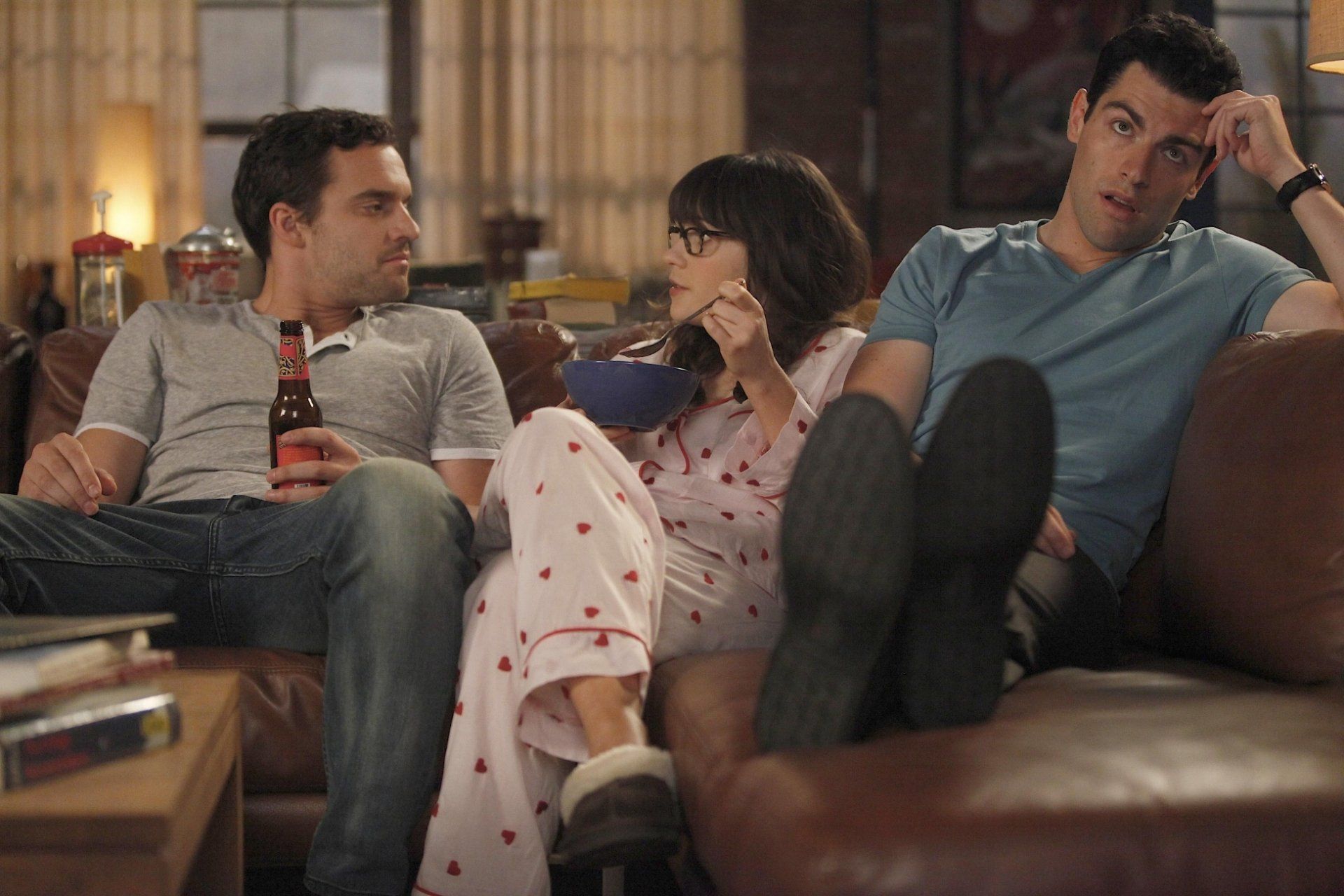1920x1280 New Girl HD Wallpaper: Jess, Nick & Schmidt on the Couchx1300