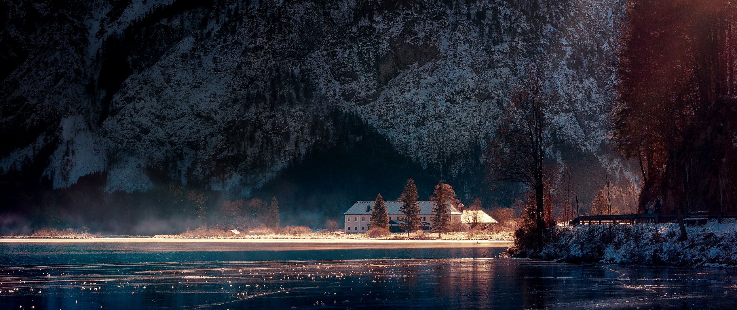 2560x1080 Fall Wallpaper 4K, Lake house, Cottage, Snow, Cabin