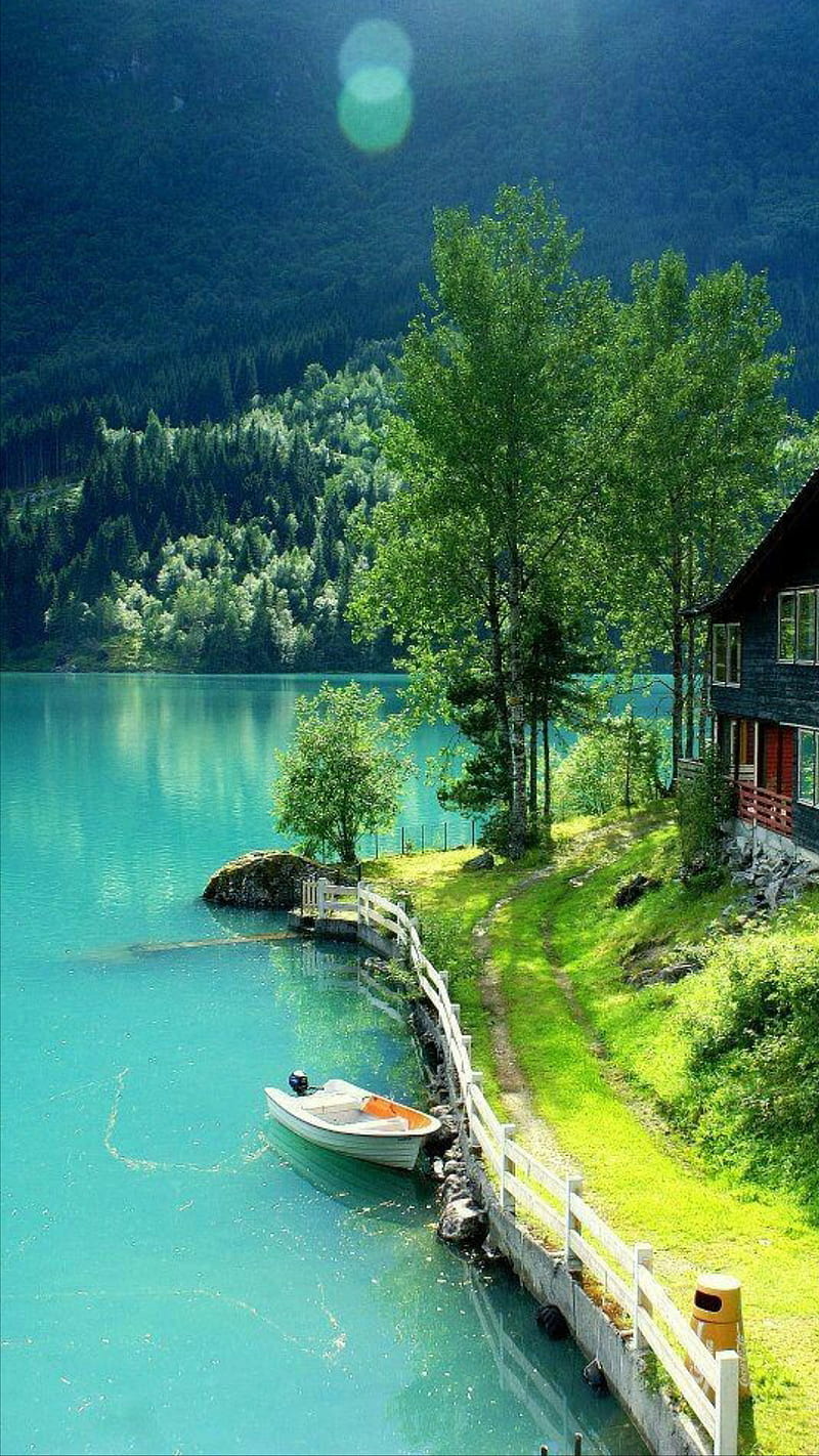 800x1422 Nature, boat, house, lake, relax, scenery, water, HD phone wallpaper