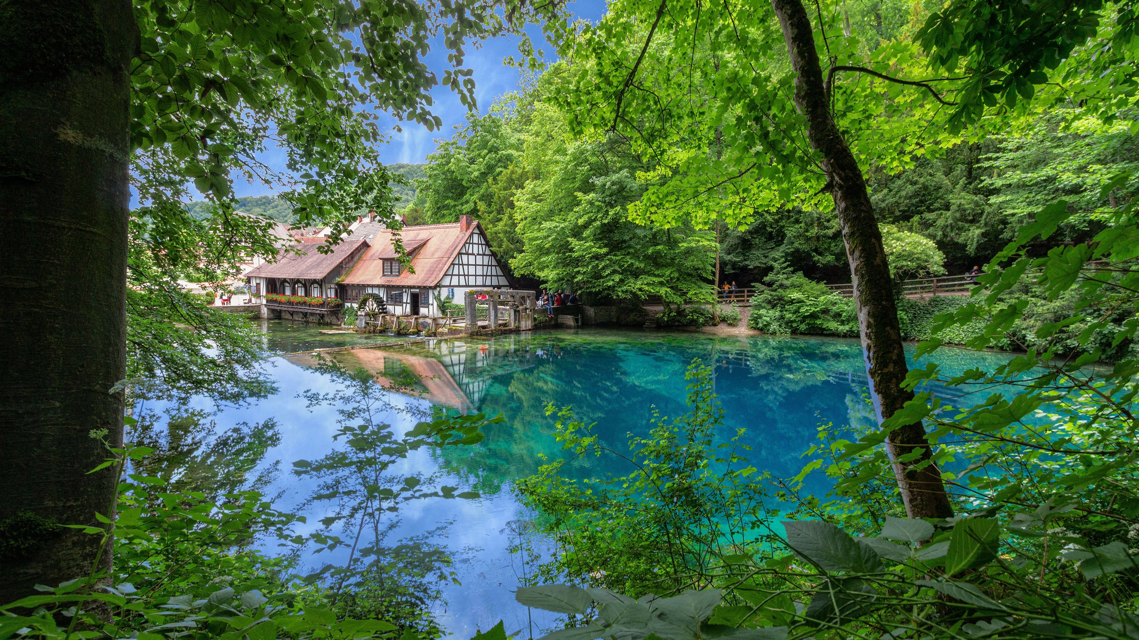 3840x2160 Reflection Of Trees And House On Lake 4K HD Nature Wallpaper