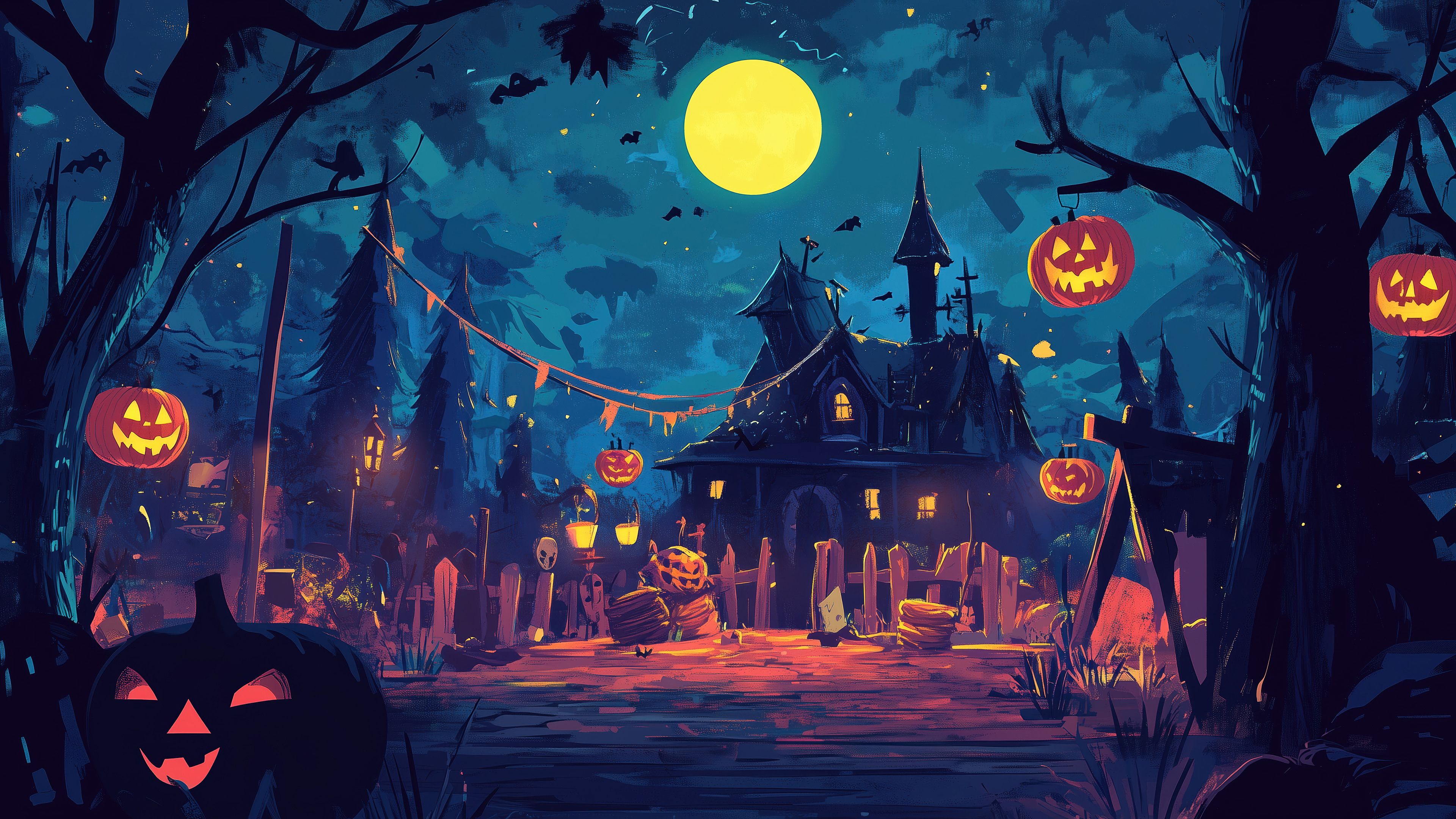3840x2160 Halloween House Pumpkin Head Full Moon Wallpaper 4K HD PC b