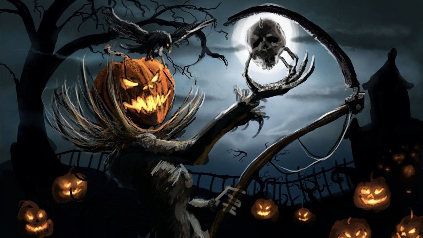 1366x768 Girl Witch Pumpkin Horrible Face Sky Moon Background HD Halloween Wallpaper