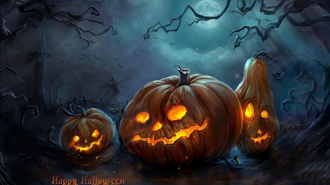 1366x768 Pumpkins Horrible Faces Dark Sky Background HD Halloween Wallpaper