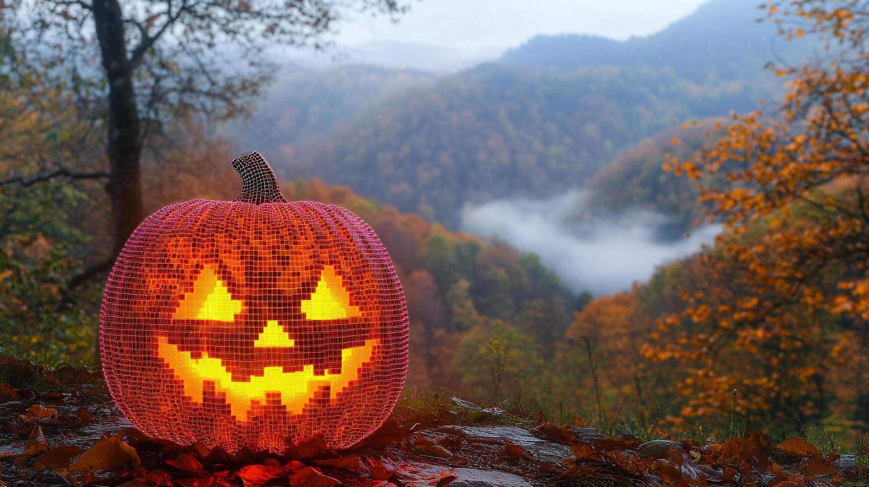 1749x980 Halloween pumpkins glow along a mysterious dark path in a spooky foggy night