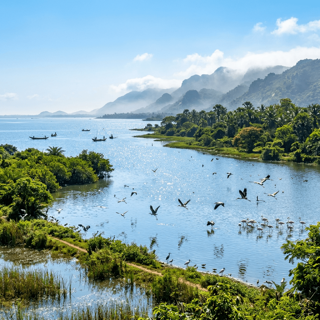 1024x1024 Vibrant Chilika Lake: A Biodiversity Haven. AI Art Generator. Easy Peasy.AI