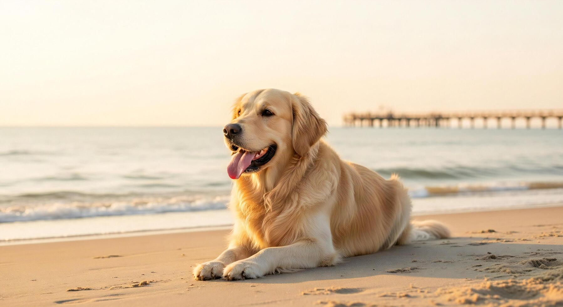 1797x980 Dog background, Dog wallpaper, Adorable yellow Labrador puppy rests on a sandy beach with the ocean in the background