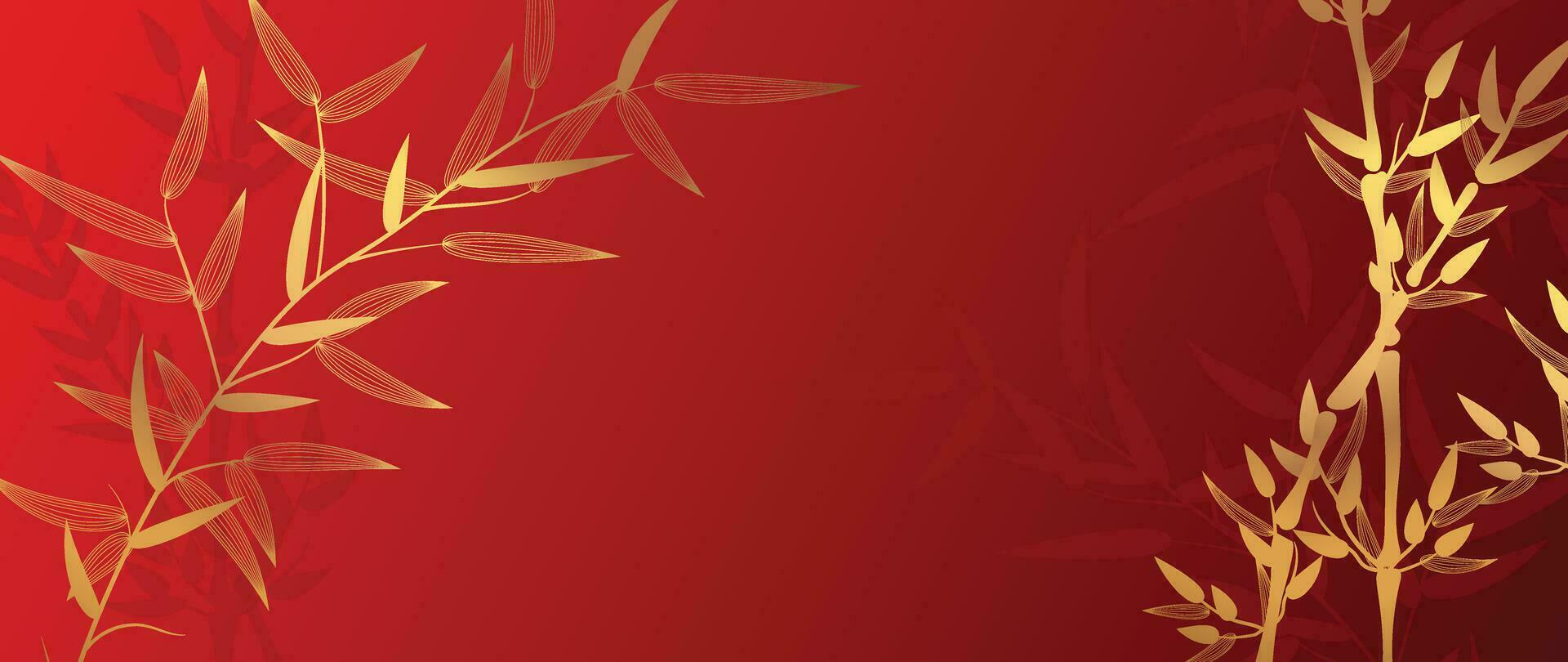 1920x810 Elegant Chinese oriental pattern background vector. Elegant bamboo leaves branch golden line art on red background. Design illustration for happy new year, wallpaper, banner, card