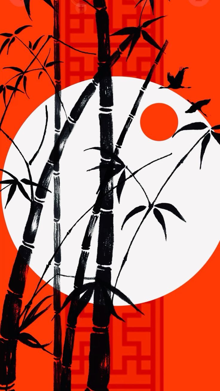 736x1308 Japanese bamboo art wallpaper. Red bamboo illustration, Green bamboo on red background, I screen