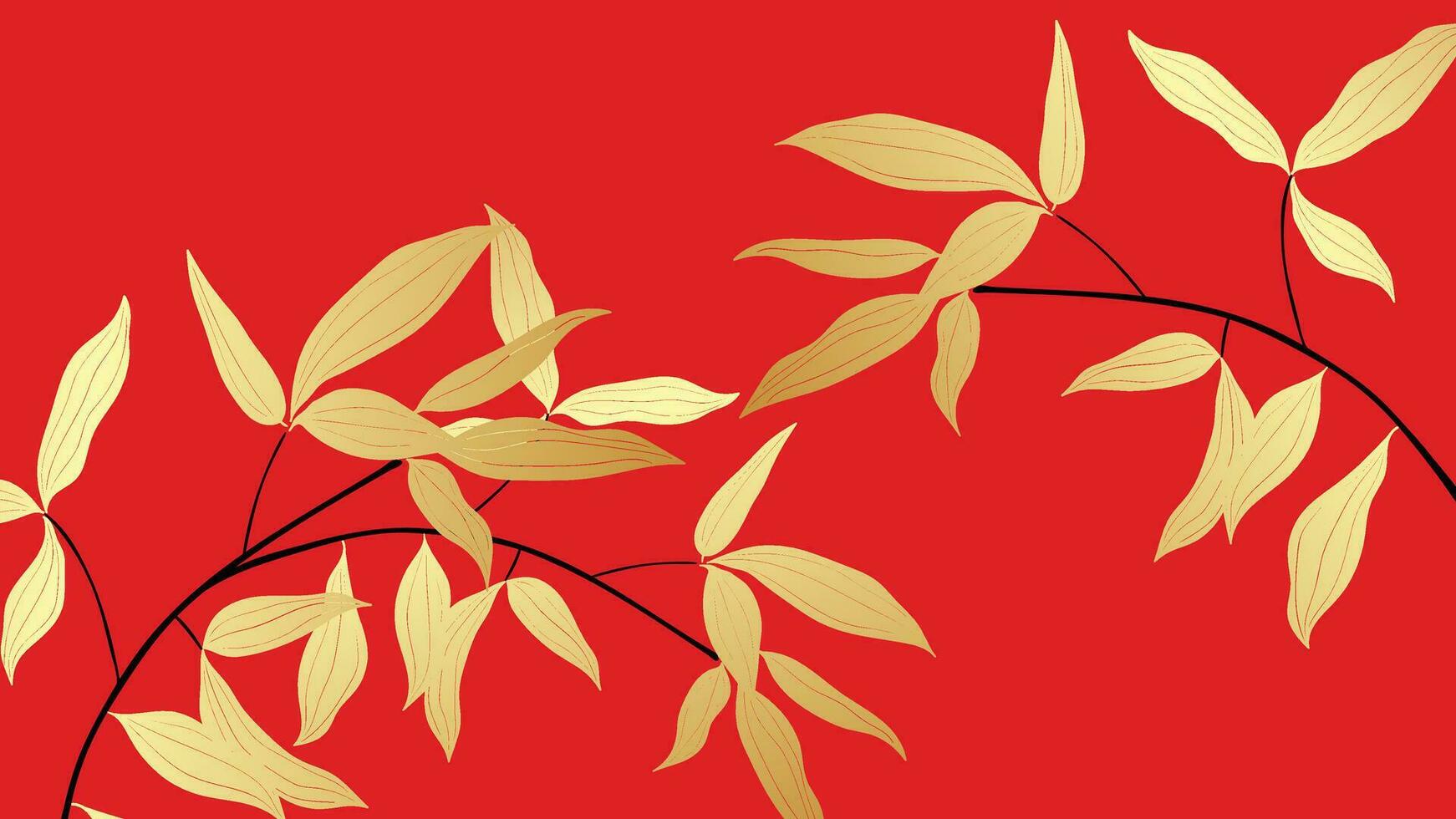 1742x980 Happy Chinese new year luxury style pattern background vector. Oriental elegant gold bamboo leaves branch on red background. Design illustration for wallpaper, card, poster, packaging, advertising