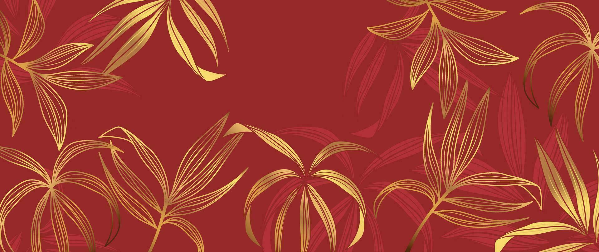 1920x810 Luxury oriental foliage background vector. Elegant bamboo leaves golden line art on red background. Floral pattern design illustration for decoration, wallpaper, poster, banner, card