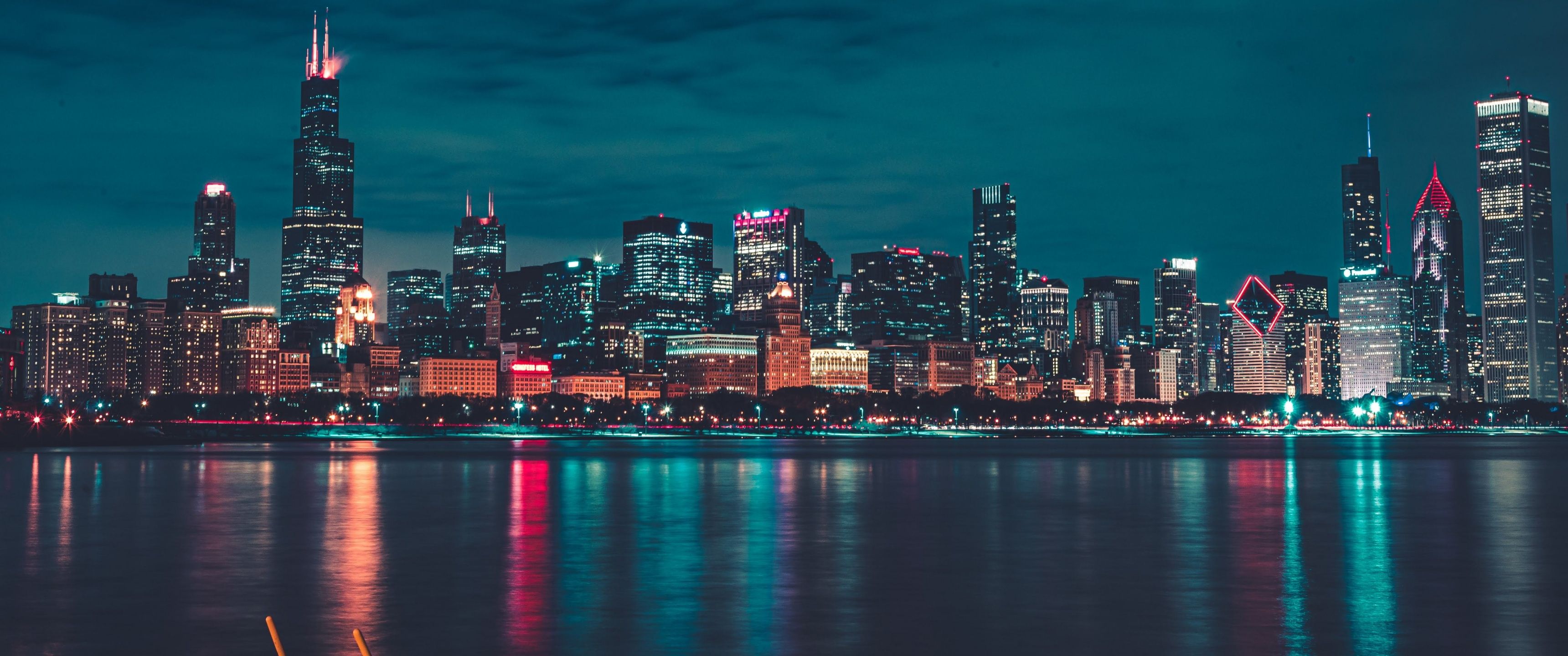 3440x1440 Chicago Wallpaper 4K, Night, City lights, Cityscape