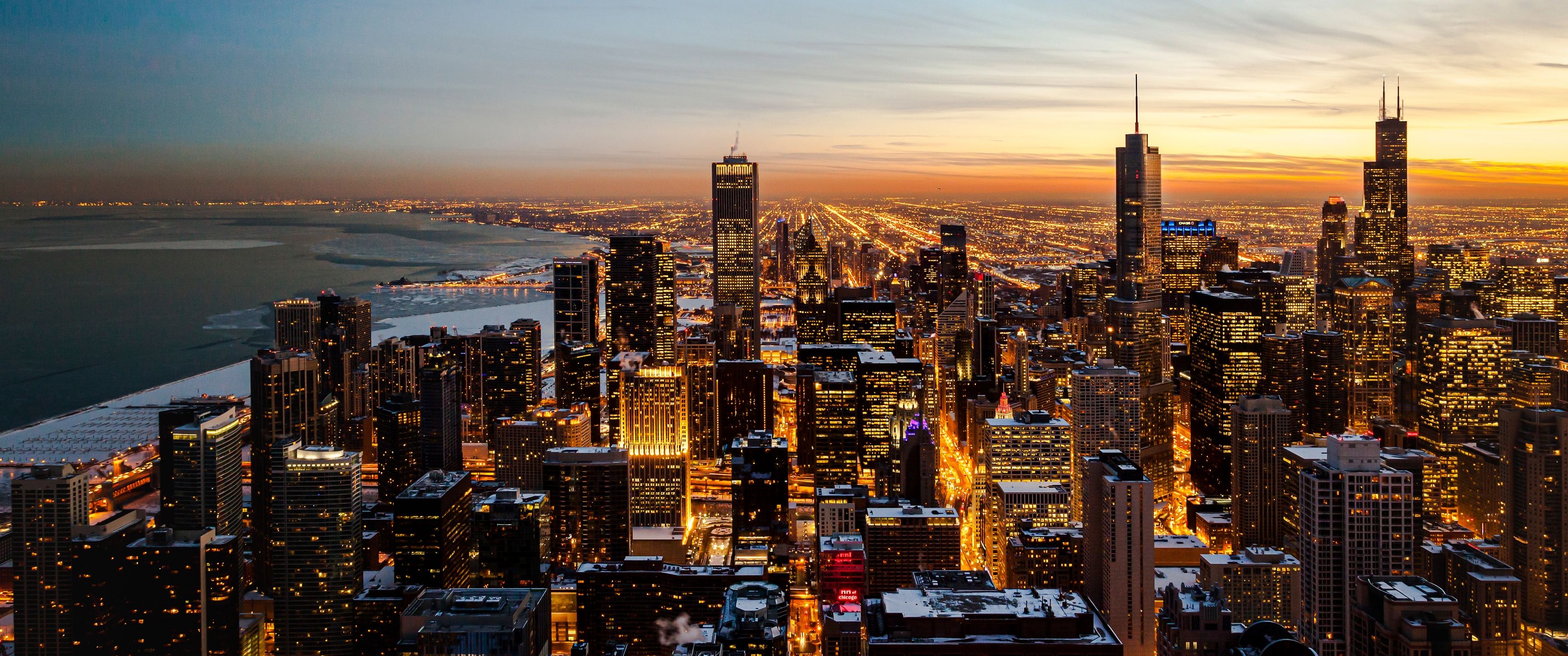 3440x1440 Chicago Wallpaper 4K, Downtown, Sunset, Skyline