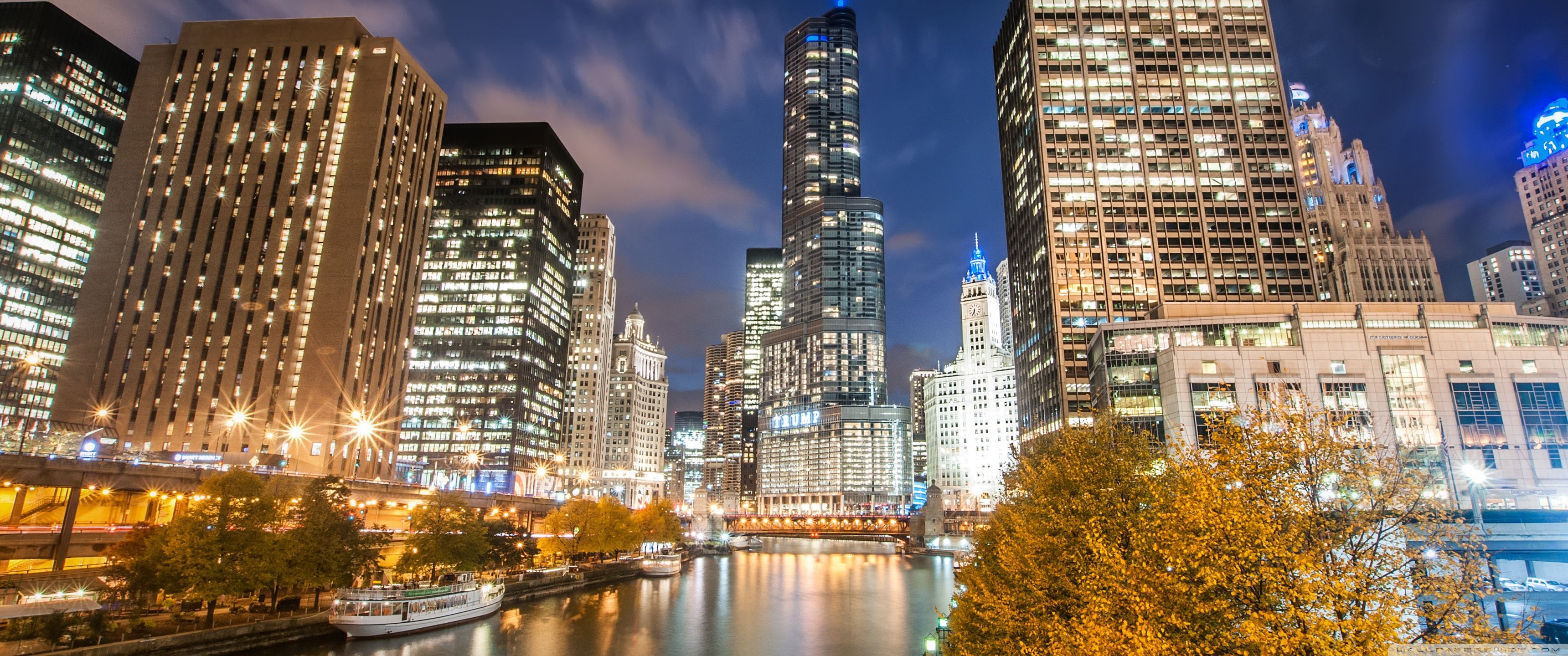 3440x1440 Chicago River, Night, Autumn 4K UHD Wallpaper for UltraHD Desktop and TV : Widescreen and UltraWide Display : Smartphone and Tablet Devices