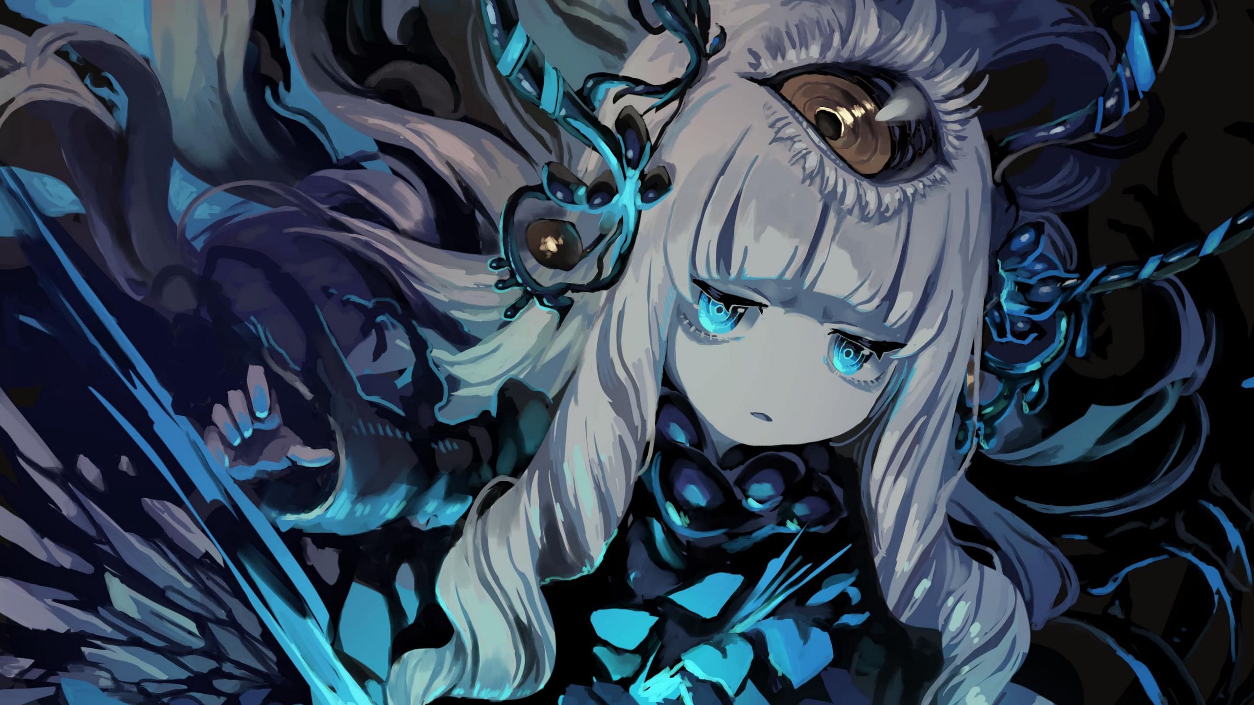 2560x1440 Download wallpaper 2560x1440 girl, demon, eye, anime, art, blue widescreen 16:9 HD background