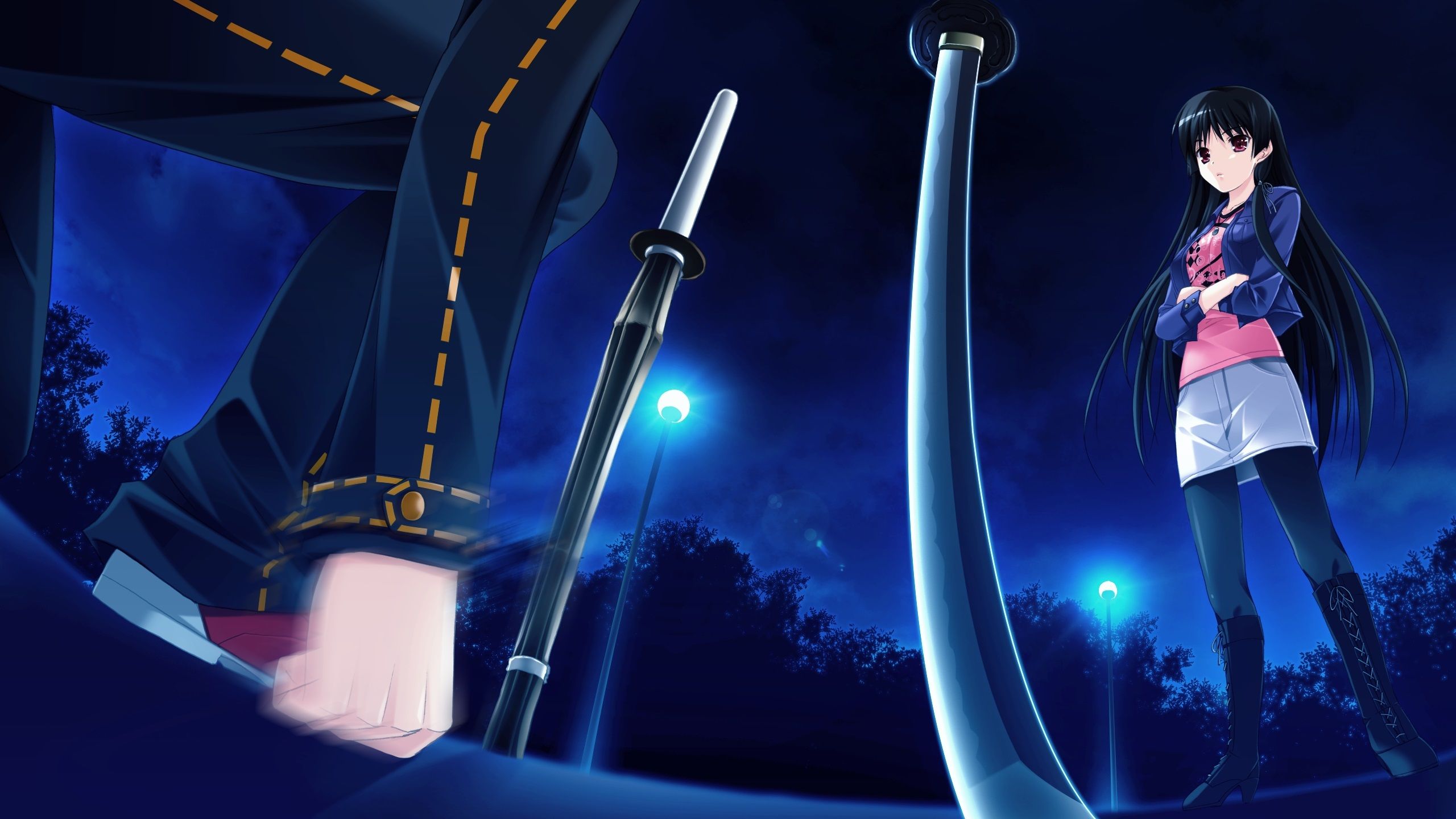 2560x1440 Wallpaper Long hair anime girl, night, lights, sword 2560x1440 QHD Picture, Image