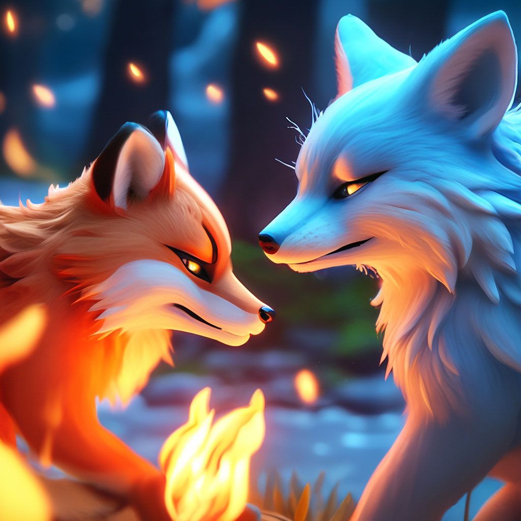 1024x1024 Fire fox and water fox fire fox is angry and angry and water fox is kind and