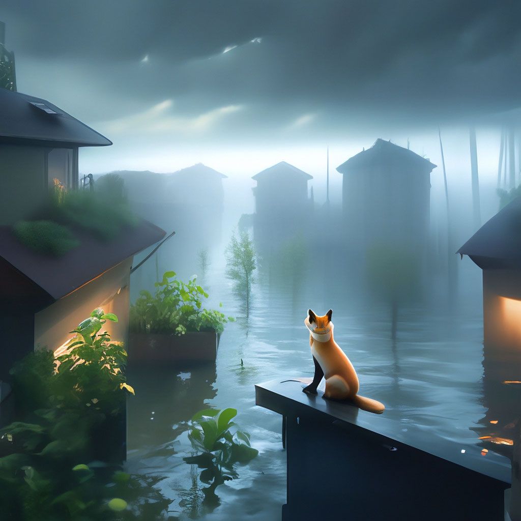 1024x1024 Rain, everything is flooded, water all around, flooded city, plants in the