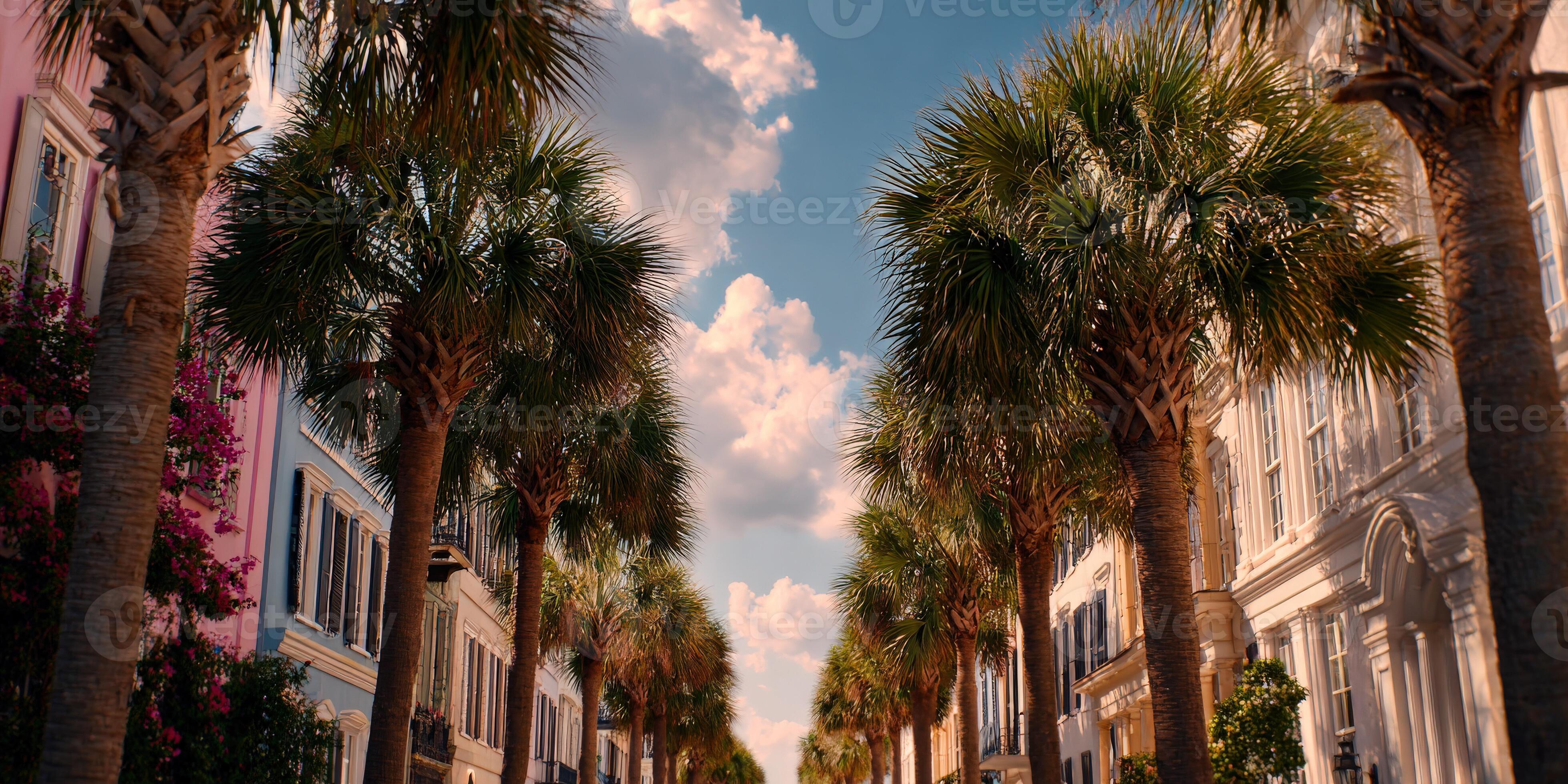 3920x1960 Rainbow row, charleston with palm trees