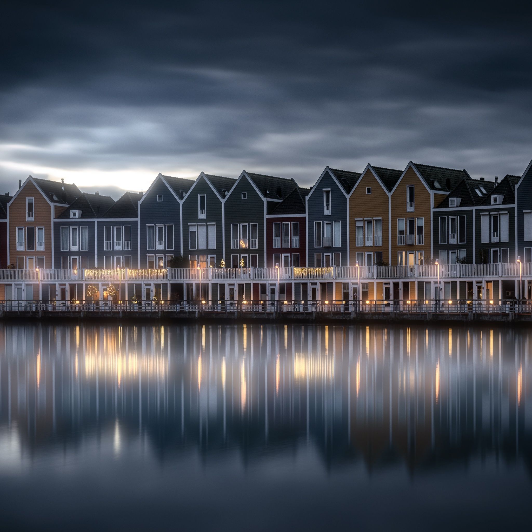 2048x2048 Rainbow houses Wallpaper 4K, Netherlands, Colorful, Lakeside