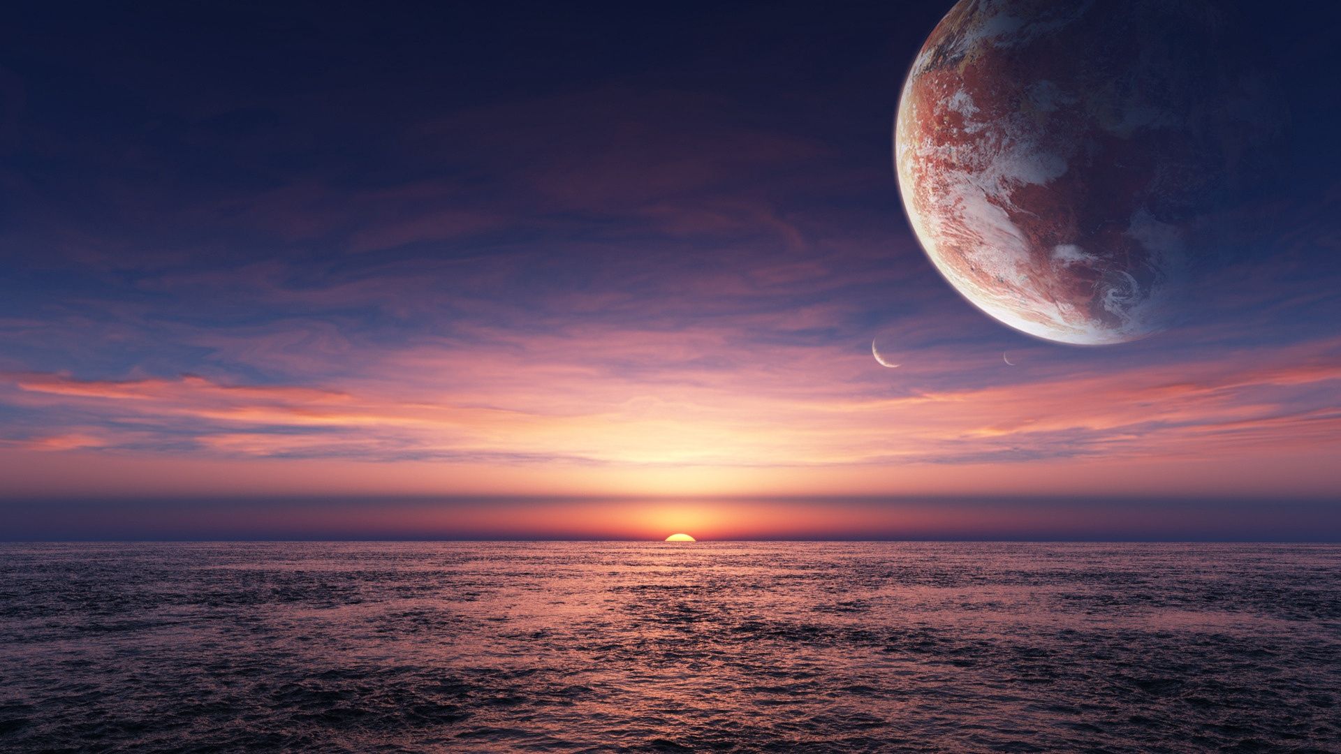 1920x1080 Sunset View on An ocean planet somewhere in the Universe [1920 × 1080]