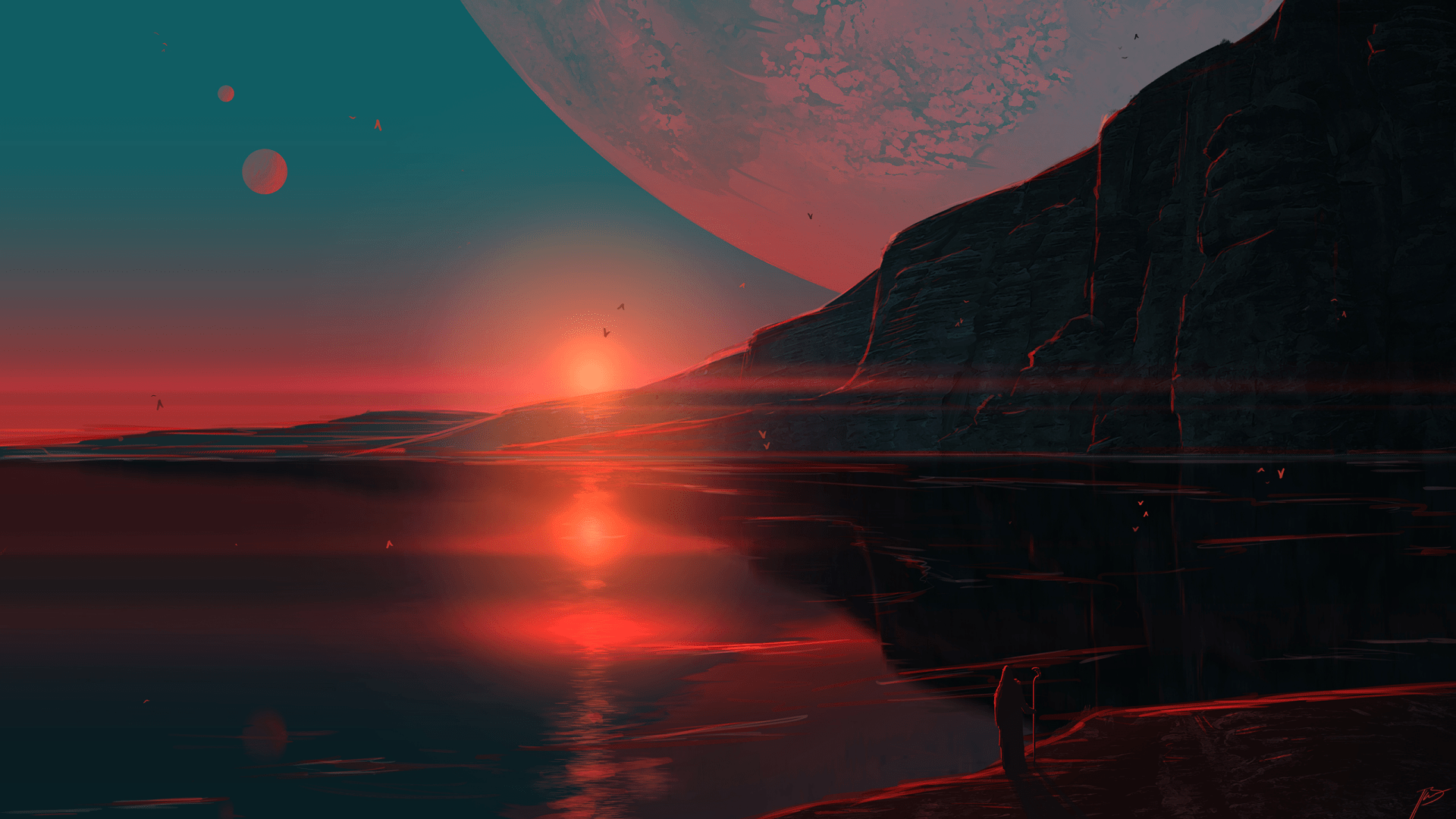 1920x1080 Sci Fi Planet Sunset: Stunning HD Landscape Wallpaper By Josef Bartoňx1440