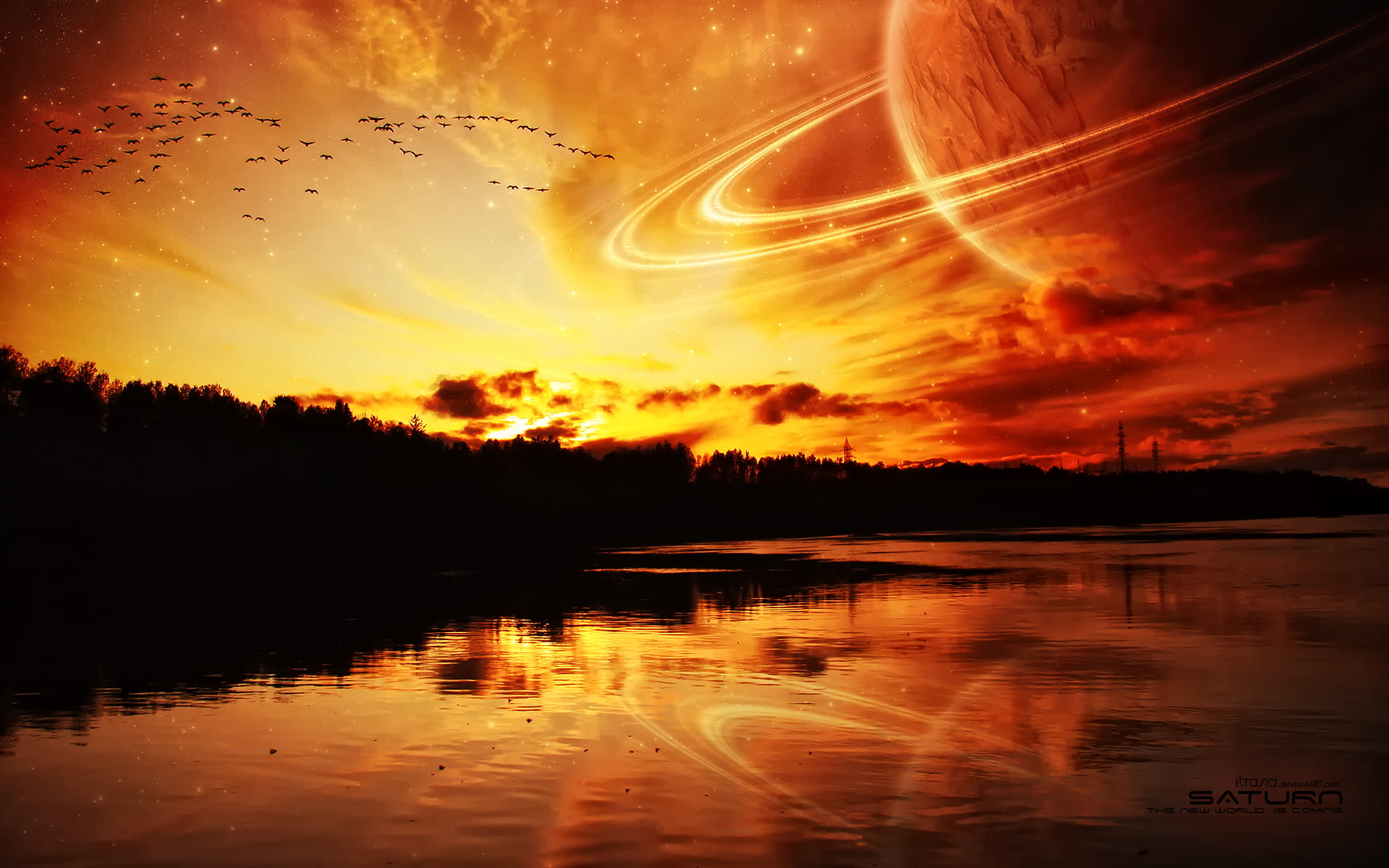 1920x1200 Planet illustration, planet, sunset, planetary rings, digital art HD wallpaper