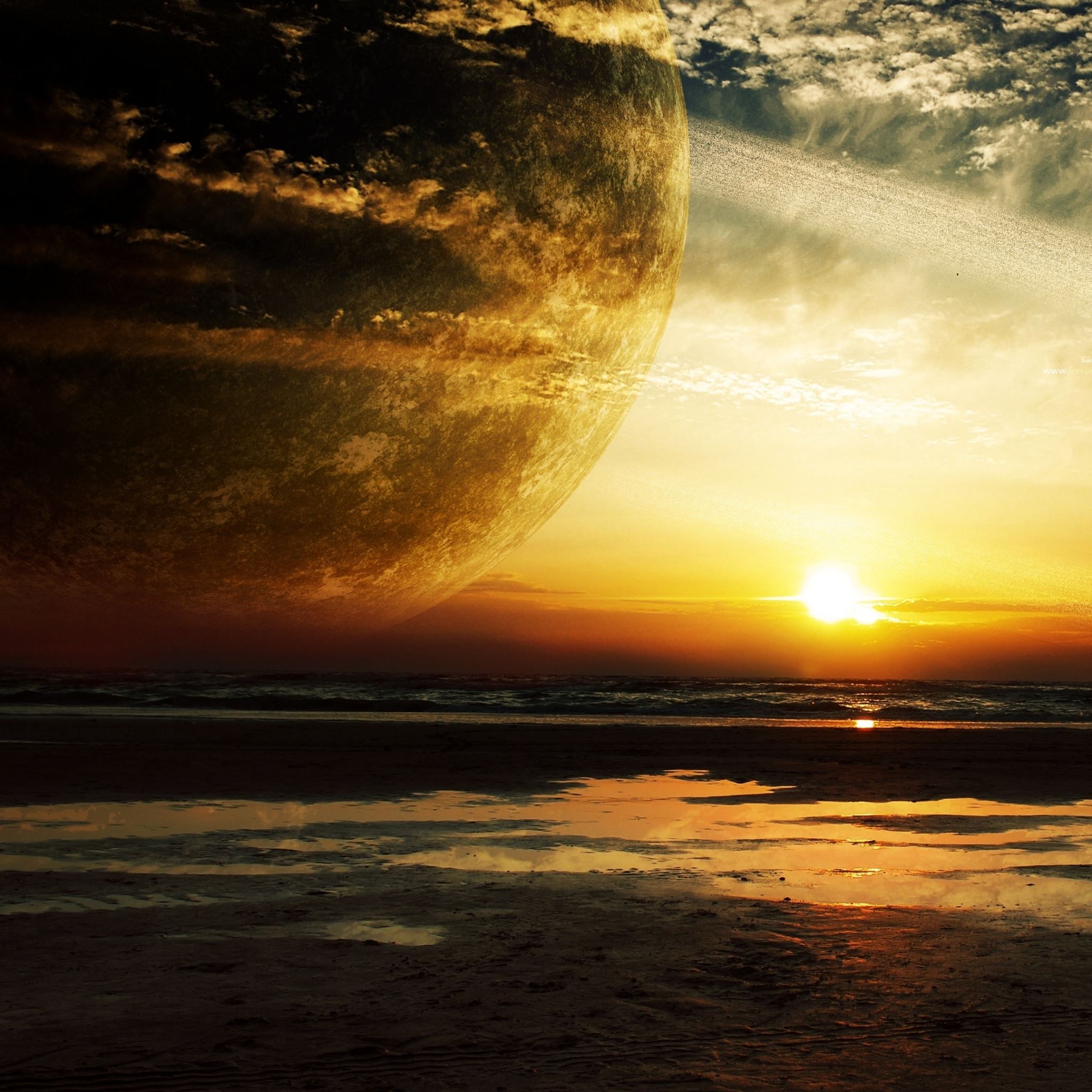 2048x2048 Sunset Sea Rings Planet iPad Air Wallpaper Free Download